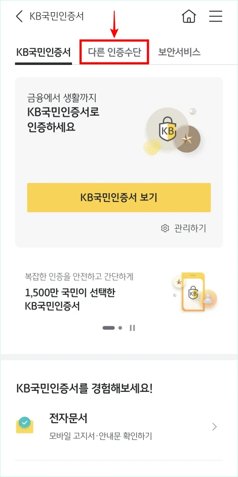 인증/보안 메뉴의 '다른 인증수단'을 선택
