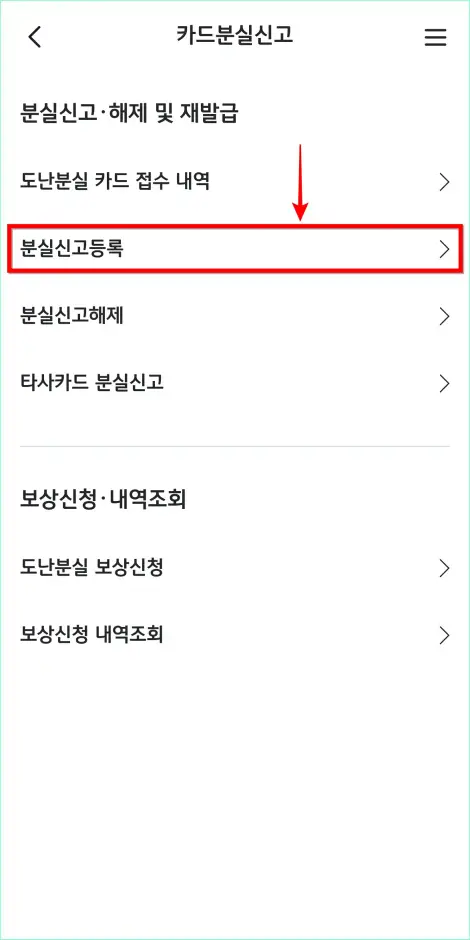카드 분실신고 관련 메뉴 중 '분실신고 등록'을 선택