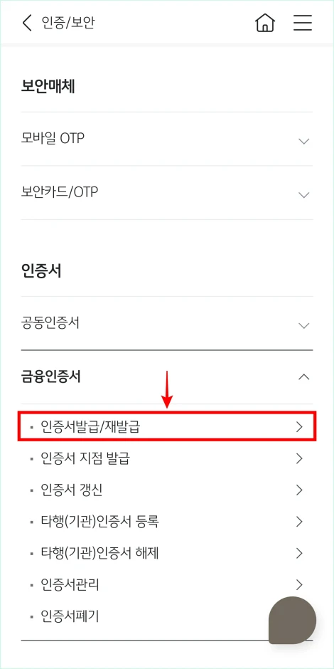 금융인증서의 '인증서 발급/재발급'을 선택