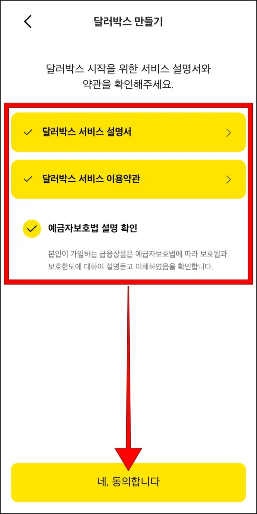 달러박스 서비스 설명서와 이용약관을 확인하고, '네, 동의합니다' 선택