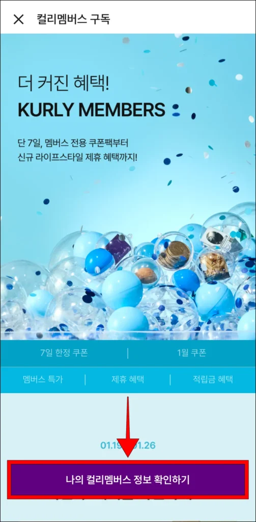 컬리멤버스 구독 페이지에 표시되는 '나의 컬리멤버스 정보 확인하기' 선택