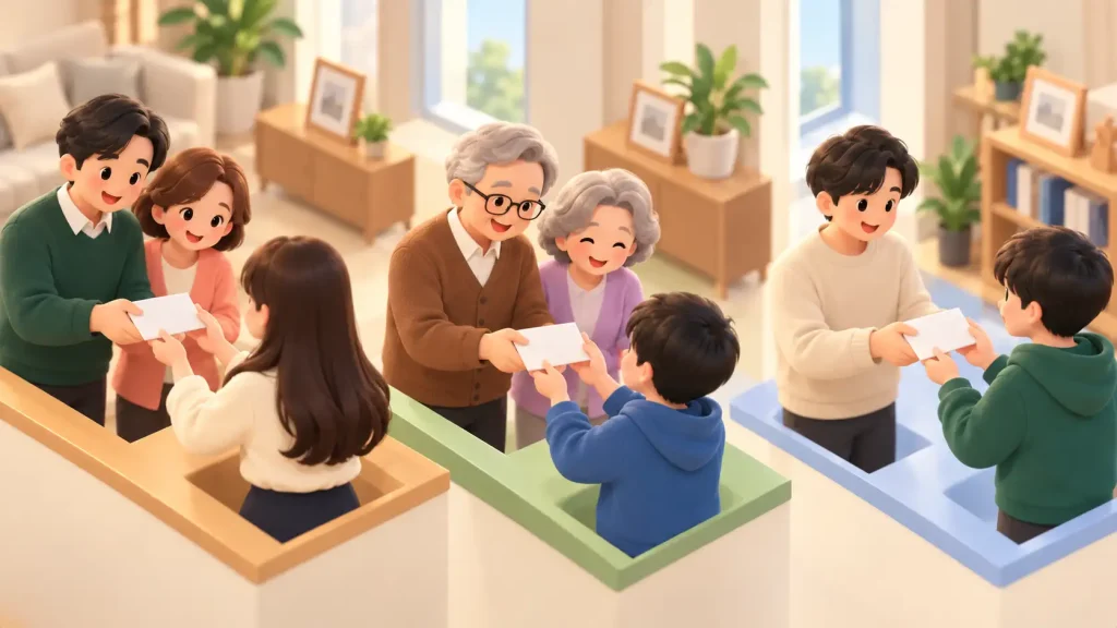 부모, 조부모, 형제간 봉투를 주고받는 모습