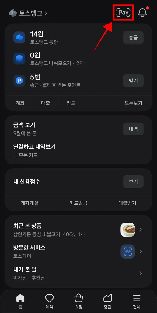 토스 앱 화면 상단 'Pay' 버튼 선택