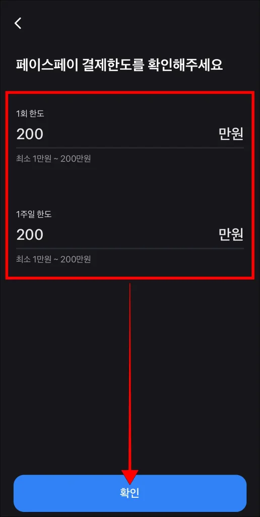 결제한도 입력 후 '확인' 선택
