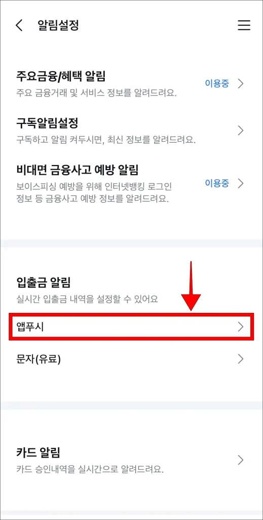 알림 설정에서 '입출금 알림'의 '앱 푸시' 선택