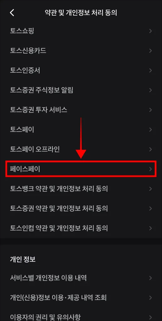 약관 및 개인정보 처리 동의 목록에서 '페이스페이' 선택
